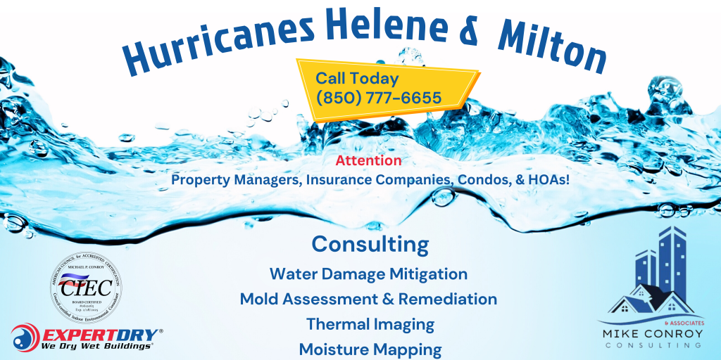 "Banner for Hurricane Helene Recovery, highlighting consulting services for water damage mitigation, mold assessment and remediation, thermal imaging, and moisture mapping. The banner targets property managers, insurance companies, condos, and HOAs, with a call to action to contact 850-777-6655. Logos for Mike Conroy Consulting, Expert Dry (We Dry Wet Buildings), and the CIEC certification seal are featured."